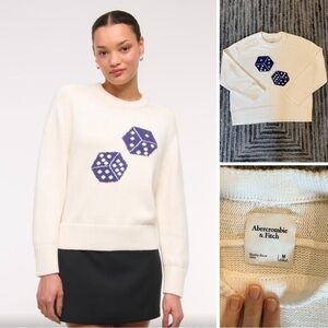 Abercrombie & Fitch Madeline Crew Sweater cream knit with blue dice graphic
